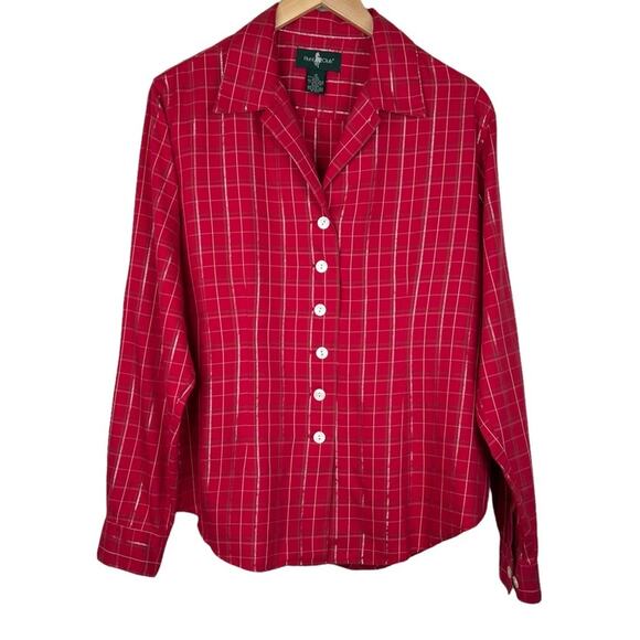 Hunt Club blouse women's 12 red plaid button front lurex long sleeve shirt - Picture 8 of 8